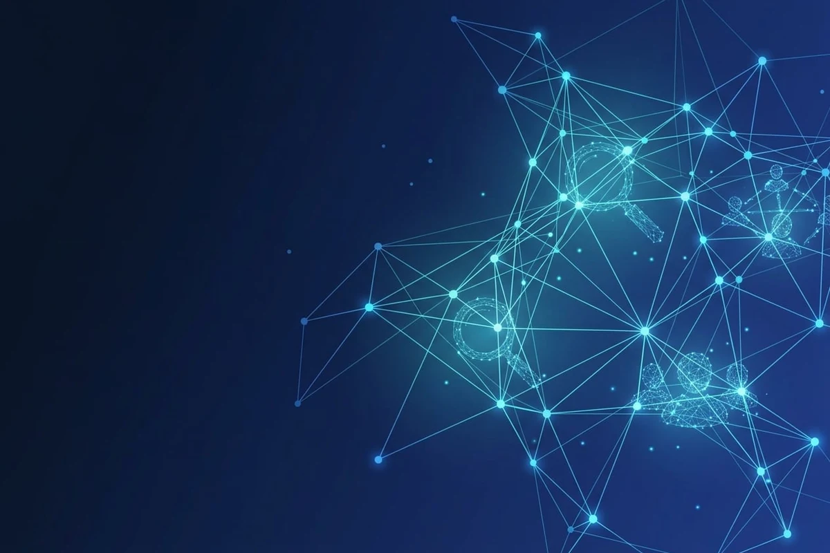 Digitales Netzwerk mit Such-Lupe und verbundenen Personen – symbolisiert die Sichtbarkeit deines Unternehmens in Google-KI und ChatGPT